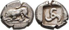 Greek DYNASTS OF LYCIA. Uncertain dynast, circa 450 BC. Stater (Silver, 20 mm, 9.00 g). Lion standing to left, devouring leg of a bull. Rev. Triskeles within square incuse. Müseler IV, 62-63. Weber 72