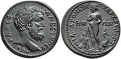 Roman Provincial LYDIA. Saitta. Clodius Albinus, as Caesar, 193-195. Tetrassarion (Bronze, 29 mm, 16.48 g, 5 h), Androneikos, son of Iollas Kratistos Stephanophoros and first archon for the second tim