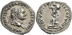 Roman Imperial Titus, 79-81. Denarius (Silver, 19 mm, 3.65 g, 5 h), Rome, 1 July-end 79. IMP TITVS CAES VESPASIAN AVG P M Laureate head of Titus to right. Rev. TR P VIIII IMP XIIII COS VII P P Male ca