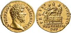 Roman Imperial Lucius Verus, 161-169. Aureus (Gold, 19 mm, 7.34 g, 1 h), Rome, 164. L•VERVS AVG ARMENIACVS Bare head of Lucius Verus to right. Rev. TR P IIII IMP II COS II - REX ARMEN / DAT Lucius Ver