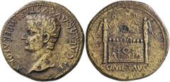 Roman Imperial Tiberius, as Caesar, AD 4-14. Sestertius (Orichalcum, 34 mm, 25.51 g, 12 h), Lugdunum, 10. TI CAESAR AVGVSTI F IMPERATOR V Bare head of Tiberius to left. Rev. ROM ET AVG Front elevation