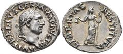Roman Imperial Vitellius, 69. Denarius (Silver, 20 mm, 3.24 g, 5 h), Rome, 19 April-20 December 69. A VITELLIVS GERM IMP AVG TR P Laureate head of Vitellius to right. Rev. LIBERTAS RESTITVTA Libertas 