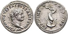 Roman Imperial Titus, 79-81. Denarius (Silver, 19 mm, 3.25 g, 1 h), Rome, 1 January-30 June 80. IMP TITVS CAES VESPASIAN AVG P M Laureate head of Titus to right. Rev. TR P IX IMP XV COS VIII P P Dolph
