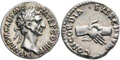 Roman Imperial Nerva, 96-98. Denarius (Silver, 18 mm, 3.42 g, 7 h), Rome, 96. IMP NERVA CAES AVG P M TR P COS II P P Laureate head of Nerva to right. Rev. CONCORDIA EXERCITVVM Clasped right hands. BMC