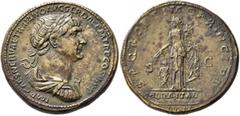Roman Imperial Trajan, 98-117. Sestertius (Orichalcum, 33 mm, 25.40 g, 6 h), Rome, circa 112-113. IMP CAES NERVAE TRAIANO AVG GER DAC P M TR P COS VI P P Laureate, draped and cuirassed bust of Trajan 
