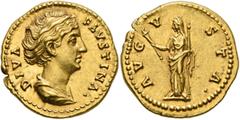 Roman Imperial Diva Faustina Senior, died 140/1. Aureus (Gold, 20 mm, 7.59 g, 6 h), Rome, struck under Antoninus Pius, after 147. DIVA FAVSTINA• Diademed and draped bust of Diva Faustina Senior to rig