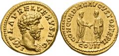 Roman Imperial Lucius Verus, 161-169. Aureus (Gold, 19 mm, 7.10 g, 6 h), Rome, 162. IMP L AVREL VERVS AVG Bare head of Lucius Verus to right, wearing aegis over his left shoulder. Rev. CONCORDIAE AVGV