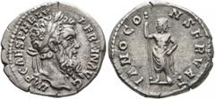 Roman Imperial Pertinax, 193. Denarius (Silver, 19 mm, 3.30 g, 12 h), Rome. IMP CAES P HELV PERTIN AVG Laureate head of Pertinax to right. Rev. IANO CONSERVAT Janus standing front, holding long scepte