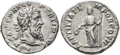 Roman Imperial Pertinax, 193. Denarius (Silver, 18 mm, 3.39 g, 12 h), Rome. IMP CAES P HELV PERTIN AVG Laureate head of Pertinax to right. Rev. LAETITIA TEMPOR COS II Laetitia standing front, head to 
