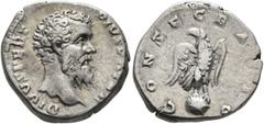 Roman Imperial Divus Pertinax, died 193. Denarius (Silver, 17 mm, 3.53 g, 6 h), Rome, struck under Septimius Severus. DIVVS PERT PIVS PATER Bare head of Divus Pertinax to right. Rev. CONSECRATIO Eagle