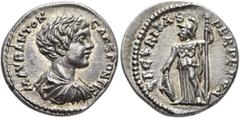 Roman Imperial Caracalla, Caesar, 196-198. Denarius (Silver, 18 mm, 3.79 g, 12 h), Laodicea ad Mare, 197-198. M AVR ANTON CAES PONTIF Bare-headed, draped and cuirassed bust of Caracalla to right, seen