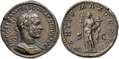 Roman Imperial Macrinus, 217-218. Sestertius (Orichalcum, 32 mm, 25.00 g, 1 h), Rome, spring-summer 217. IMP CAES M OPEL SEV MACRINVS AVG Laureate and cuirassed bust of Macrinus to right. Rev. PONTIF 