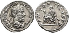Roman Imperial Macrinus, 217-218. Denarius (Silver, 19 mm, 3.33 g, 11 h), Rome, March-June 218. IMP C M OPEL SEV MACRINVS AVG Laureate and draped bust of Macrinus to right, seen from behind. Rev. P M 