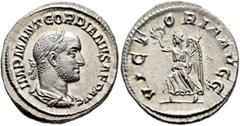 Roman Imperial Gordian II, 238. Denarius (Silver, 19 mm, 3.27 g, 6 h), Rome, March-April 238. IMP M ANT GORDIANVS AFR AVG Laureate, draped and cuirassed bust of Gordian II to right, seen from behind. 