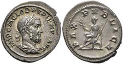 Roman Imperial Pupienus, 238. Denarius (Silver, 21 mm, 2.95 g, 5 h), Rome, circa April-June 238. IMP C M CLOD PVPIENVS AVG Laureate, draped and cuirassed bust of Pupienus to right, seen from behind. R