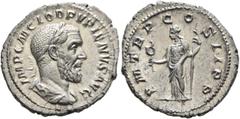 Roman Imperial Pupienus, 238. Denarius (Silver, 20 mm, 2.87 g, 12 h), Rome, circa April-June 238. IMP C M CLOD PVPIENVS AVG Laureate, draped and cuirassed bust of Pupienus to right, seen from behind. 