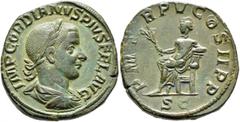 Roman Imperial Gordian III, 238-244. Sestertius (Orichalcum, 31 mm, 19.84 g, 12 h), Rome, 242-243. IMP GORDIANVS PIVS FEL AVG Laureate, draped and cuirassed bust of Gordian III to right, seen from beh