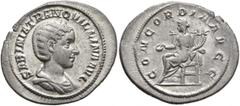 Roman Imperial Tranquillina, Augusta, 241-244. Denarius (Silver, 23 mm, 3.31 g, 1 h), Rome, 241. SABINIA TRANQVILLINA AVG Diademed and draped bust of Tranquillina to right. Rev. CONCORDIA AVGG Concord
