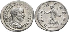 Roman Imperial Philip I, 244-249. Denarius (Silver, 20 mm, 2.76 g, 7 h), Rome, 244. IMP M IVL PHILIPPVS AVG Laureate, draped and cuirassed bust of Philip I to right, seen from behind. Rev. PAX AETERNA
