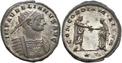 Roman Imperial Aurelian, 270-275. Antoninianus (Silvered bronze, 24 mm, 3.60 g, 6 h), Siscia, autumn 272-early 274. IMP AVRELIANVS AVG Radiate and cuirassed bust of Aurelian to right. Rev. CONCORDIA M