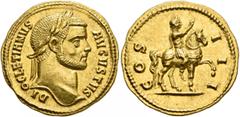 Roman Imperial Diocletian, 284-305. Aureus (Gold, 19 mm, 5.22 g, 7 h), Cyzicus, 287. DIOCLETIANVS AVGVSTVS Laureate head of Diocletian to right. Rev. COS III Diocletian, laureate and in military attir