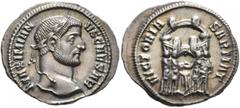 Roman Imperial Galerius, as Caesar, 293-305. Argenteus (Silver, 20 mm, 2.55 g, 11 h), Ticinum, circa 294-295. MAXIMIA-NVS CAESAR Laureate head of Galerius to right. Rev. VICTORIA SARMAT The four tetra