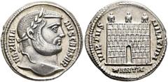 Roman Imperial Galerius, as Caesar, 293-305. Argenteus (Silver, 19 mm, 3.33 g, 12 h), Antiochia, circa 297. MAXIMIA-NVS CAESAR Laureate head of Galerius to right. Rev. VIRTVS MILITVM / ✱ANTH Campgate 