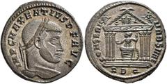 Roman Imperial Maxentius, 307-312. Follis (Silvered bronze, 25 mm, 6.90 g, 7 h), Rome, 308/9-310. IMP C MAXENTIVS P F AVG Laureate head of Maxentius to right. Rev. CONSERV VRB SVAE / RBQ Roma seated f