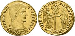 Roman Imperial Magnentius, 350-353. Solidus (Gold, 21 mm, 4.39 g, 12 h), Aquileia, 351-352. D N MAGNEN-TIVS AVG Bare-headed, draped and cuirassed bust of Magnentius to right. Rev. VICTORIA AVG LIB ROM