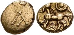 Celtic BRITAIN. Atrebates & Regni. Commius, circa 45-30 BC. Quarter Stater (Electrum, 9 mm, 1.22 g, 2 h). A. Rev. Celticized horse to left; above, solar disk; below, 8-shaped symbol. ABC 1031. SCBC 67
