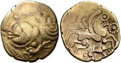 Celtic NORTHWEST GAUL. Aulerci Eburovices. 2nd to early 1st century BC. Half Stater (Gold, 19 mm, 3.00 g, 12 h), 'au sanglier' type. Celticized male head to left, with a boar standing left at his neck