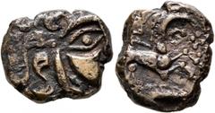 Celtic NORTHWEST GAUL. Baiocassi. 2nd-1st century BC. Stater (Bronze, 18 mm, 6.44 g), 'au sanglier' type. Celticized male head to right, surmounted by a boar. Rev. Devolved charioteer, driving a cart 