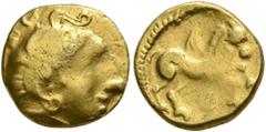 Celtic NORTHWEST GAUL. Carnutes. Late 2nd century BC. Quarter Stater (Gold, 11 mm, 2.06 g, 10 h), 'au griffon ailé' type. Celticized head of Apollo to right. Rev. Griffin (?) to right; below, annulet.