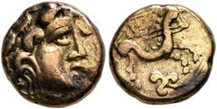 Celtic NORTHWEST GAUL. Carnutes. Circa 100-50 BC. Quarter Stater (Electrum, 10 mm, 1.64 g, 11 h), 'à la branche fleurie' type. Celticized laureate head of Apollo to right. Rev. Celticized charioteer d