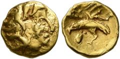 Celtic NORTHWEST GAUL. Carnutes. 1st century BC. 1/8 Stater (Gold, 9 mm, 0.92 g, 6 h), 'à l'aigle' type. Celticized head of Apollo to right. Rev. Eagle with spread wings standing left; to left, uncert