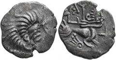 Celtic NORTHWEST GAUL. Coriosolites. Circa 100-50 BC. Stater (Billon, 23 mm, 6.39 g, 5 h), 'au nez en crosse' type. Celticized male head to right. Rev. Devolved charioteer, driving a cart drawn by a c