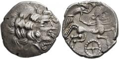 Celtic NORTHWEST GAUL. Redones. Circa 60-50 BC. Stater (Silver, 21 mm, 6.59 g, 11 h), 'au profil imberbe' type. Celticized laureate head of Apollo to right. Rev. Devolved charioteer, driving cart draw