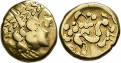 Celtic NORTHEAST GAUL. Ambiani. Late 2nd to mid 1st century BC. Stater (Gold, 17 mm, 6.77 g, 9 h), 'statère biface au flan court' type. Celticized laureate head of Apollo to right. Rev. Celticized hor