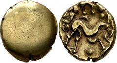 Celtic NORTHEAST GAUL. Ambiani. Circa 60-30 BC. Stater (Gold, 18 mm, 6.29 g), 'statère uniface' type. Blank convex surface. Rev. Celticized horse galloping to right, horseman transformed into fibula-l