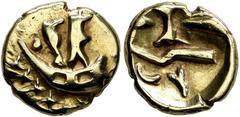 Celtic NORTHEAST GAUL. Atrebates. Circa 60-30/25 BC. Quarter Stater (Gold, 11 mm, 1.42 g). Two men standing right in a boat with stylized waves below. Rev. Uncertain design (tree with ornaments around