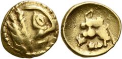Celtic NORTHEAST GAUL. Bellovaci. Circa 60-30/25 BC. Quarter Stater (Gold, 12 mm, 1.43 g, 11 h). Devolved and disjointed male head to right, with prominent nose and big eye. Rev. Celticized horse gall