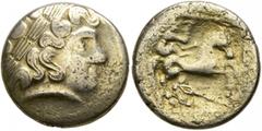 Celtic NORTHEAST GAUL. Caleti. 2nd century BC. Half Stater (Electrum, 16 mm, 3.50 g, 9 h). Celticized laureate male head to right. Rev. Celticized horseman to right, holding spear in his right hand; b