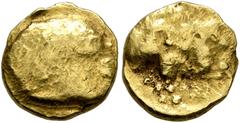Celtic NORTHEAST GAUL. Mediomatrici (?). 2nd century BC. Quarter Stater (Gold, 11 mm, 2.07 g), imitating Philip II of Macedon. Devolved male head to right. Rev. Rider on horseback to right. DT -, cf. 