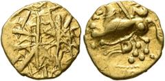Celtic NORTHEAST GAUL. Nervii. 2nd century BC. Quarter Stater (Gold, 13 mm, 1.94 g), 'à la lyre' type. Numerous diagonal lines at various angles. Rev. Devolved charioteer driving biga to left; below h