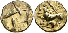 Celtic NORTHEAST GAUL. Nervii. 2nd century BC. Quarter Stater (Subaeratus, 13 mm, 1.35 g), 'à la lyre' type. Several diagonal lines at various angles. Rev. Devolved charioteer driving biga to left; be