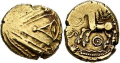 Celtic NORTHEAST GAUL. Remi. Late 2nd to mid 1st century BC. Stater (Gold, 17 mm, 6.16 g, 3 h), 'à l'oeil' type. Devolved laureate male head to right. Rev. Celticized horse galloping to left, horseman