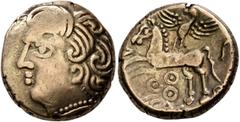 Celtic CENTRAL GAUL. Bituriges Cubi. Circa 80-50 BC. Stater (Electrum, 17 mm, 6.95 g, 5 h), Abucatos. Celticized male head to left with thick and prominent curls. Rev. A-BVCAT-OS Celticized horse gall