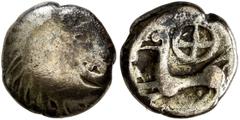 Celtic CENTRAL GAUL. Bituriges Cubi. Circa 80-50 BC. Quarter Stater (Electrum, 10 mm, 1.32 g, 12 h). Celticized head to right. Rev. Horse pracing left; above, wheel. DT 3478 var. (V below horse). Extr