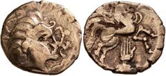 Celtic CENTRAL GAUL. Pictones. Circa 100-50 BC. Stater (Electrum, 21 mm, 6.14 g, 4 h), 'profil de type aquitanique' type. Celticized male head to right, with strings of pearls coming out of the hair. 