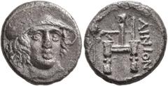 Greek THRACE. Ainos. Circa 357-342/1 BC. Drachm (Silver, 16 mm, 3.64 g, 12 h). Head of Hermes facing slightly to right, wearing petasos. Rev. AINION Archaic cult image of Hermes standing to left on th